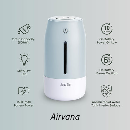 Aqua Glo Personal, Portable Humidifiers for Bedroom – Ultrasonic Cool Mist Humidifier with Built In Rechargeable Battery. Air Humidifier for Baby, Plants, Home, Office, Travel. Lavender