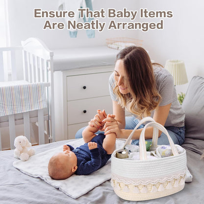 Diaper Caddy Organizer, Stylish Nursery Storage Basket, Baby Shower Basket with Tassel Decorative Appearance, Portable Storage Basket Suitable for Family and Car Travel (Grey)