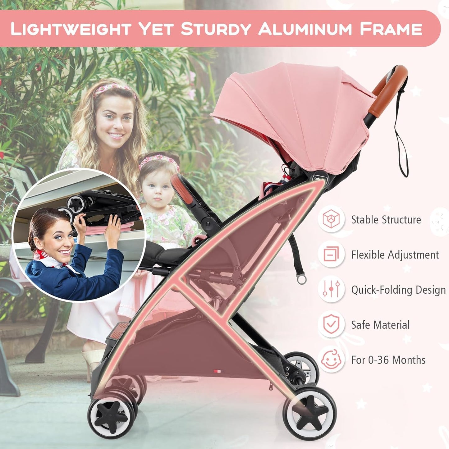 HOMGX Lightweight Baby Stroller, Compact Travel Stroller w/Ergonomic Seat, Spacious Basket, Adjustable Backrest, Oversized Canopy, Infant & Toddler Umbrella Stroller for Airplane, Travel (Black)