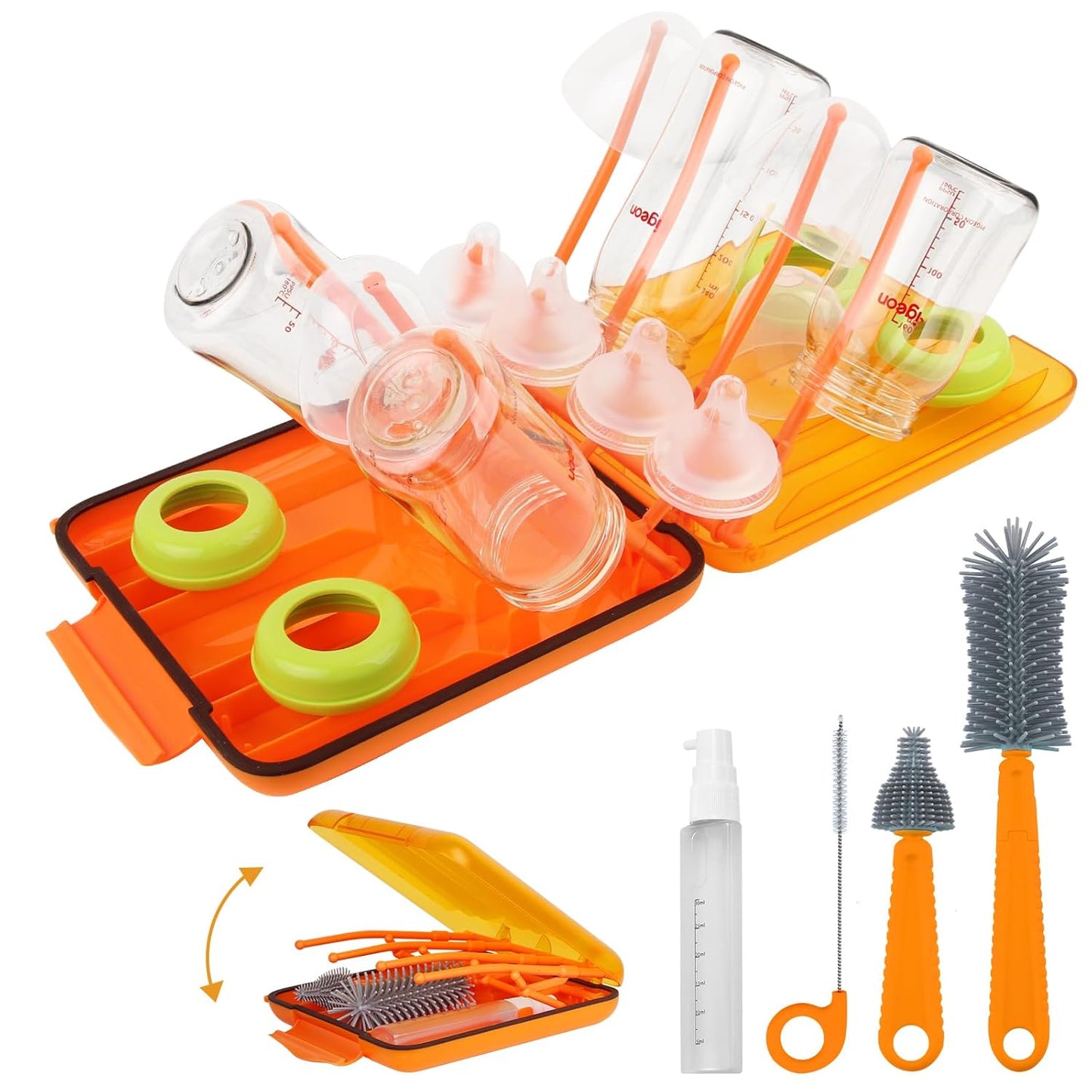 Rrwin Bottle Brush Cleaner Kit with Baby Bottle Drying Rack, Exendable Silicone Bottle Brush, Nipple Brush, Straw Brush, Soap Dispenser & Storage Box. Compact Size for Babies and Moms,Green