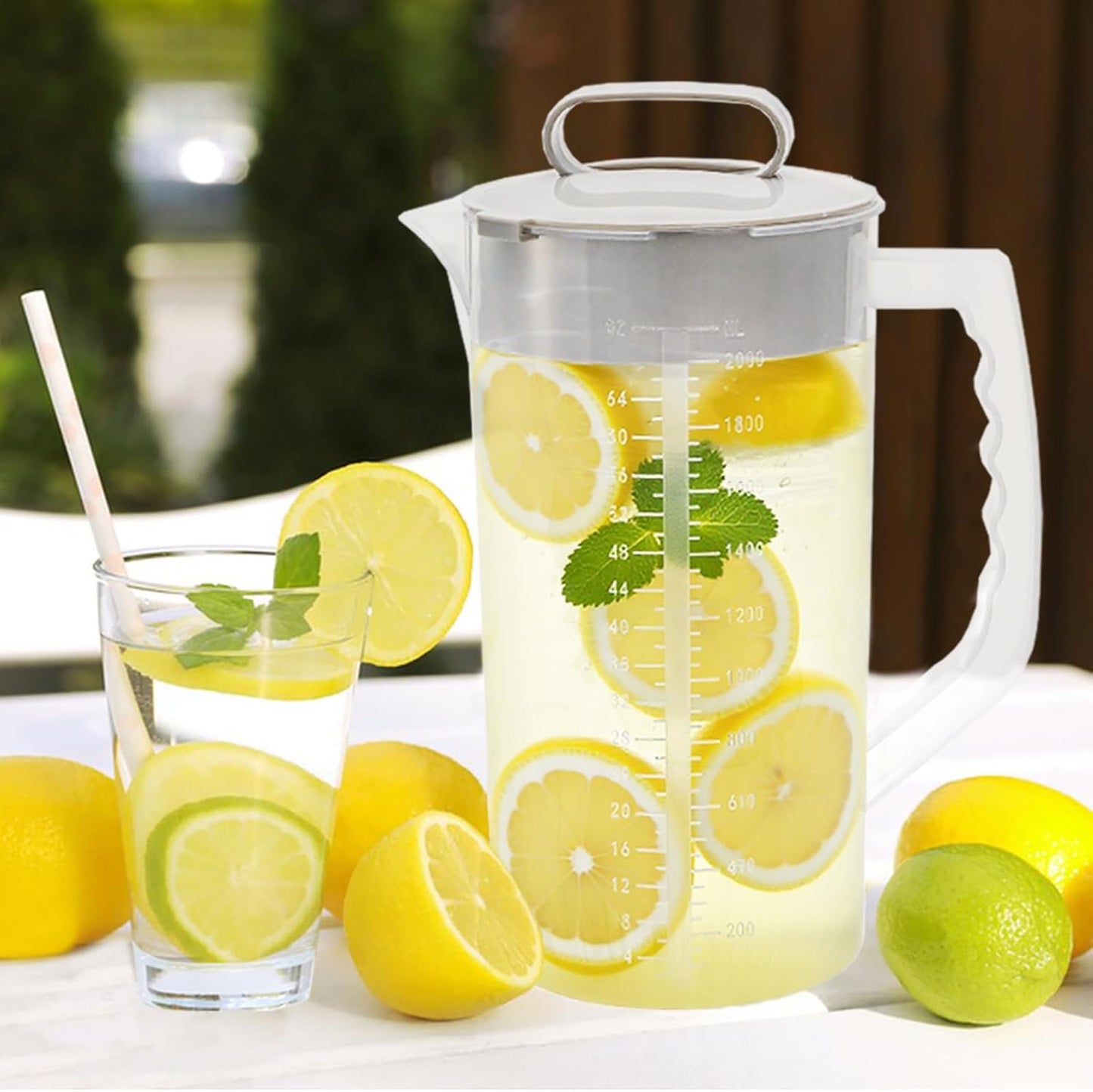 Frcctre 2 Pack Mixing Pitcher for Drinks 2 Quart/ 64oz Plastic Water Pitcher with Lid, Easy-Mix Angled Plastic Blades and Adjustable Mixer Plunger Container for Juice, Milk, Tea, Beverage Container