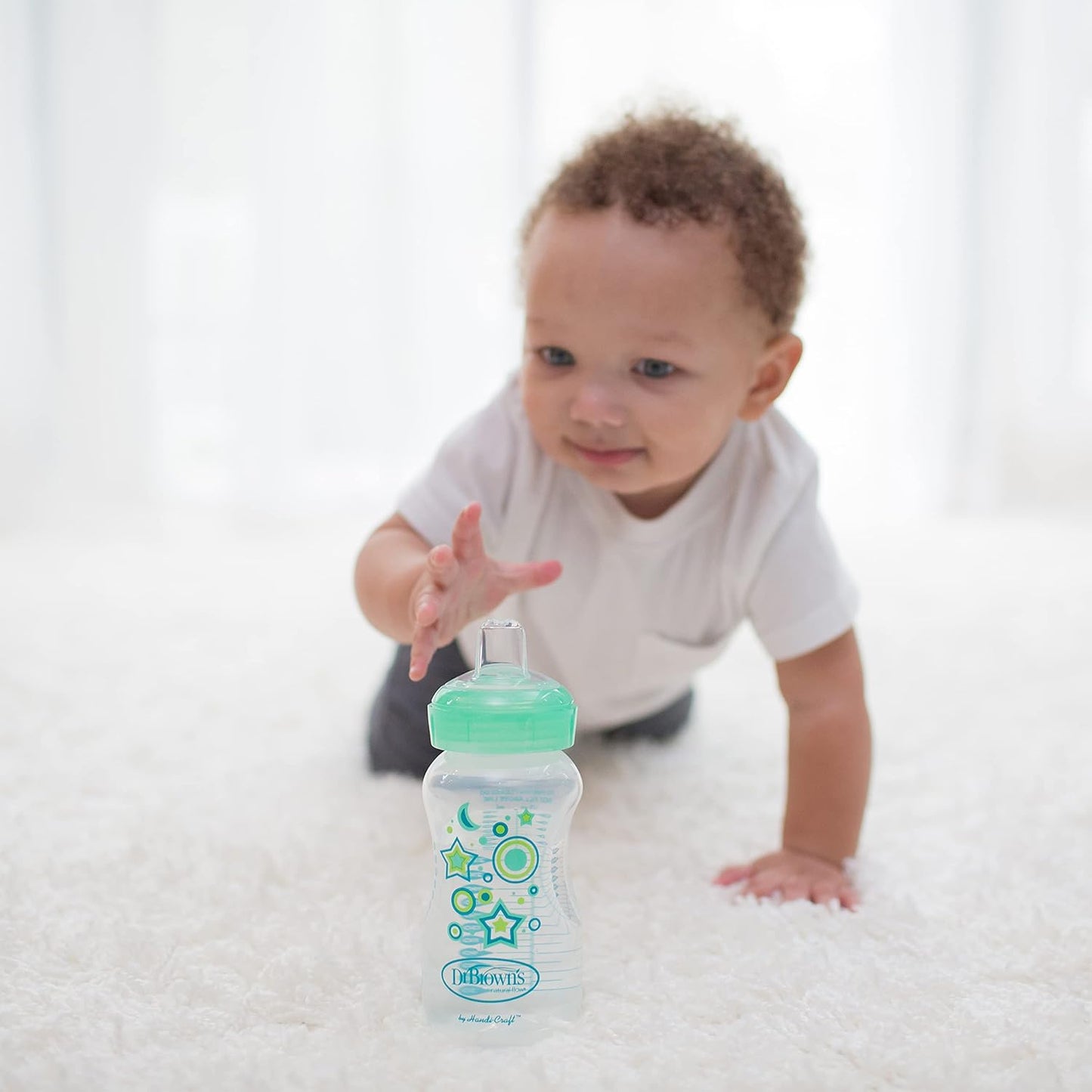 Dr. Brown's Anti-Colic Options+ Wide-Neck Sippy Bottle Starter Kit, 9oz/270mL, with Level 3 Medium-Fast Flow Nipple and Soft 100% Silicone Sippy Spout, Green, BPA-Free, 6m+, 2-Pack