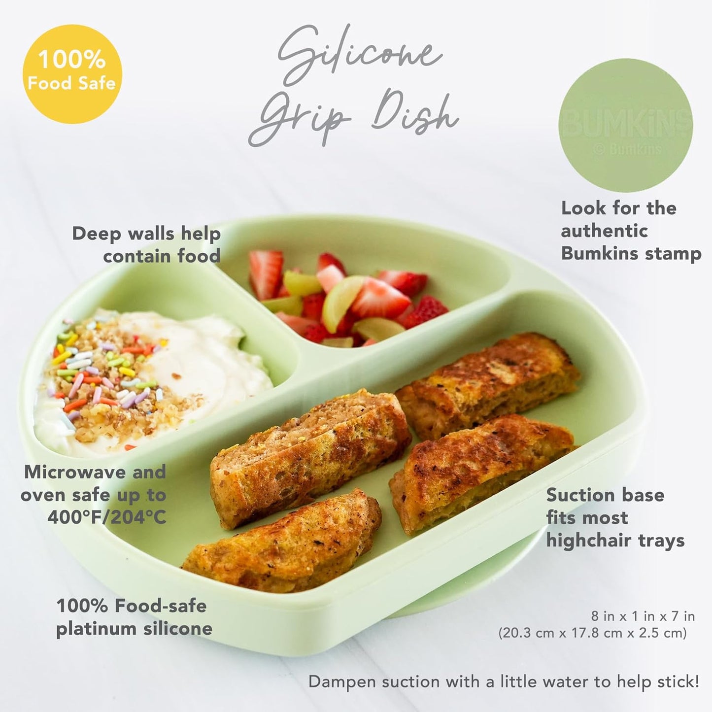 Bumkins Toddler and Baby Suction Plate, Divided Grip Dish for Babies and Kids, Baby Led Weaning, Feeding Supplies, Sticks to Tables and Highchairs, Platinum Silicone, for Chidren 6 Months, Gray