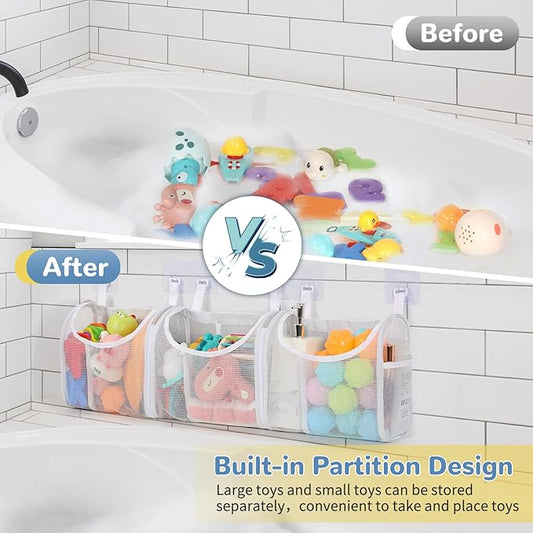 Bath Toy Storage, Detachable 6 Compartments Bath Toy Holder, Large Capacity Bathtub Toy Storage with Built-in Compartments Side Pockets, Mesh Shower Caddy for Sorting Baby Bathroom Toys - White