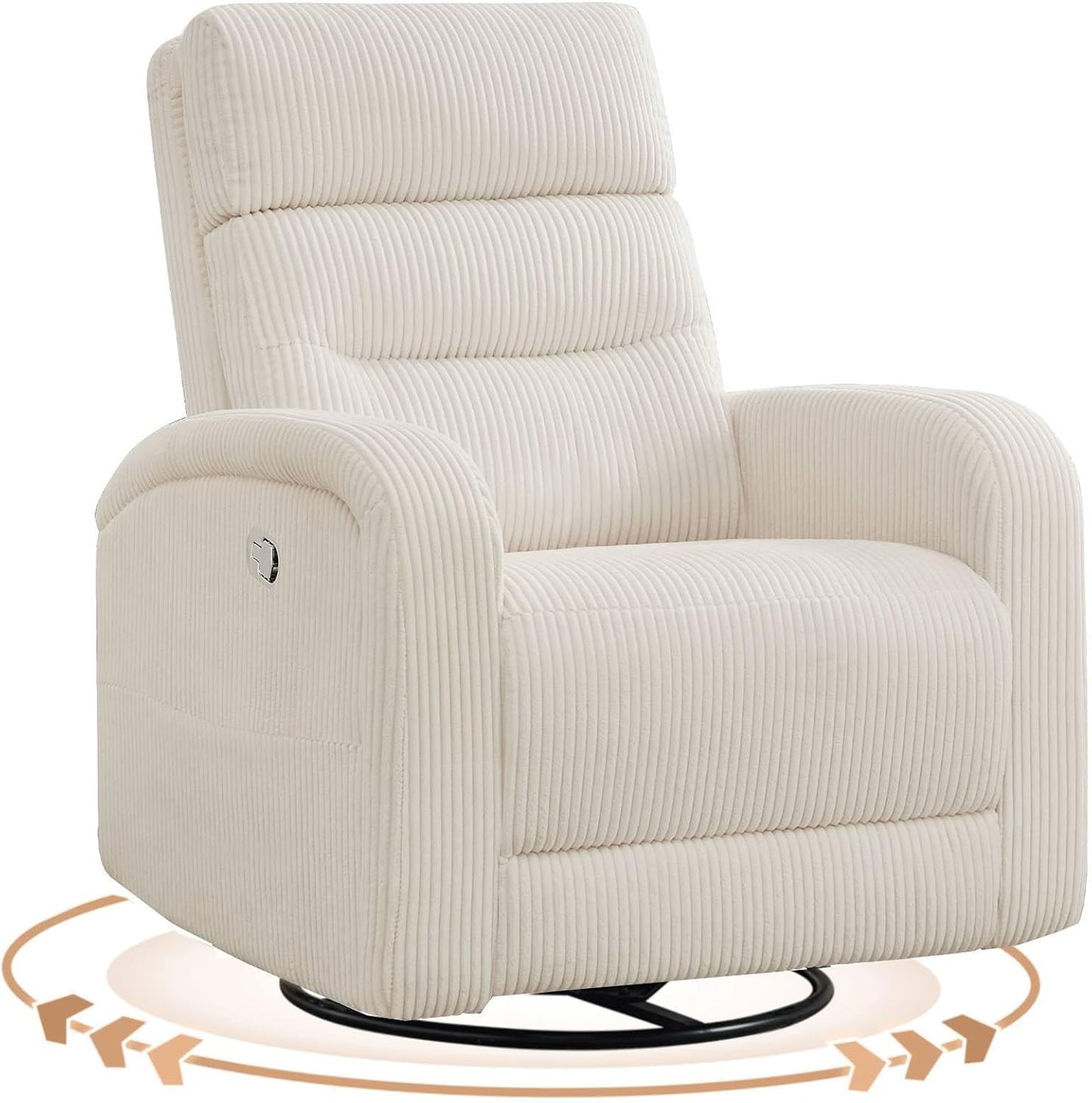 Power Swivel Rocker Recliner Chair for Nursery, Swivel Reclining Rocking Chairs, Electric Glider for Living Room, Upholstered Recliner Chairs for Bedroom, Corduroy White