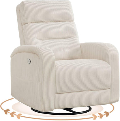Power Swivel Rocker Recliner Chair for Nursery, Swivel Reclining Rocking Chairs, Electric Glider for Living Room, Upholstered Recliner Chairs for Bedroom, Corduroy White
