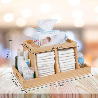 Diaper Caddy Organizer, Changing Table Organizer, Wooden Diaper Organizer for Nursery, Baby Diaper Storage Organizer with Removable Dividers (Brown, Rectangular Size)