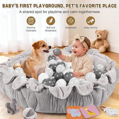 5-in-1 Baby Activity Gym & Play Mat with 6 Hanging Toys, Tummy Time Mat & Cards - Extra Large, Reversible Machine Washable Pad - Gift for Newborns, Infants 0-12 Months, Grey