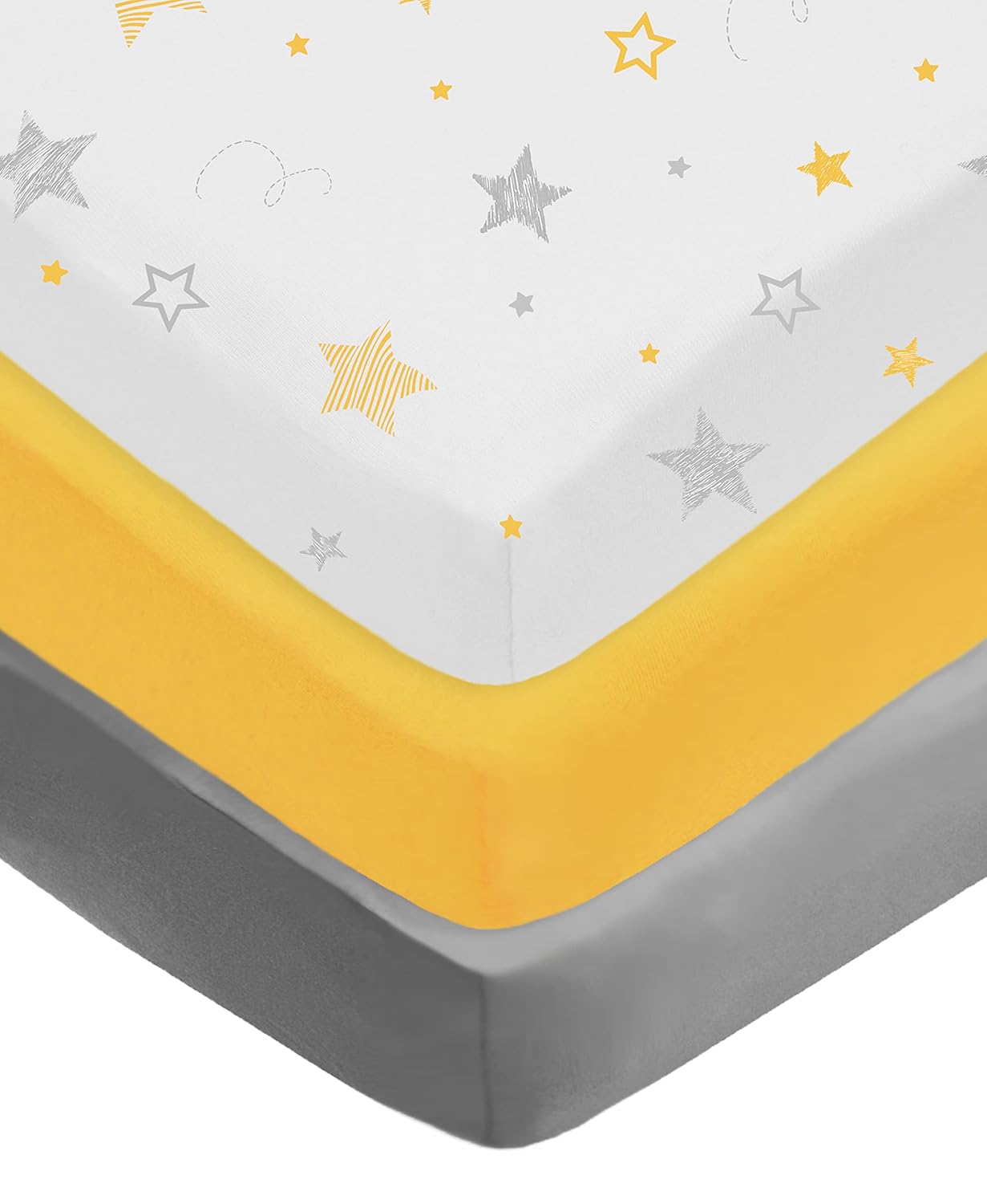 American Baby Company 3 Pack 100% Natural Cotton Fitted Pack and Play Sheets 39" x 27" - Soft & Breathable Pack N Play Sheets for Playard & Mini Crib Mattress, Yellow Star/Yellow/White, for Boy & Girl
