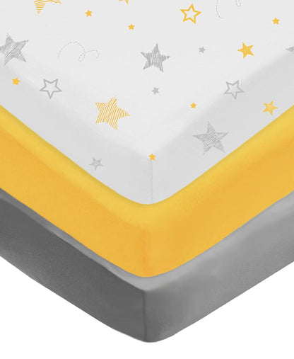 American Baby Company 3 Pack 100% Natural Cotton Fitted Pack and Play Sheets 39" x 27" - Soft & Breathable Pack N Play Sheets for Playard & Mini Crib Mattress, Yellow Star/Yellow/White, for Boy & Girl