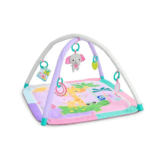 Bright Starts Wild Wiggles Sweet Safari Foldaway Baby Play Gym & Mat, Foldable with 5 Removable Toys, Machine-Washable Mat, for Ages 0-36 Months