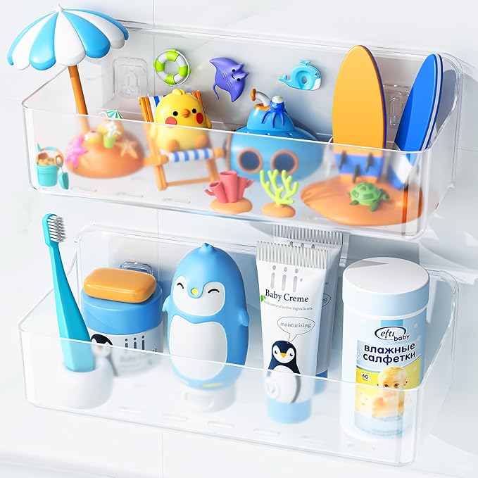 Nieifi Bath Toy Storage, Large Capacity Bath Toy Organizer, Adhesive Shower Caddy for Baby Bathroom Bathtub, Clear (2 Large)