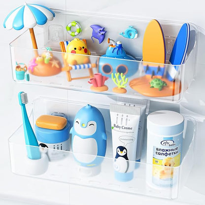 Nieifi Bath Toy Storage, Large Capacity Bath Toy Organizer, Adhesive Shower Caddy for Baby Bathroom Bathtub, Clear (2 Large)