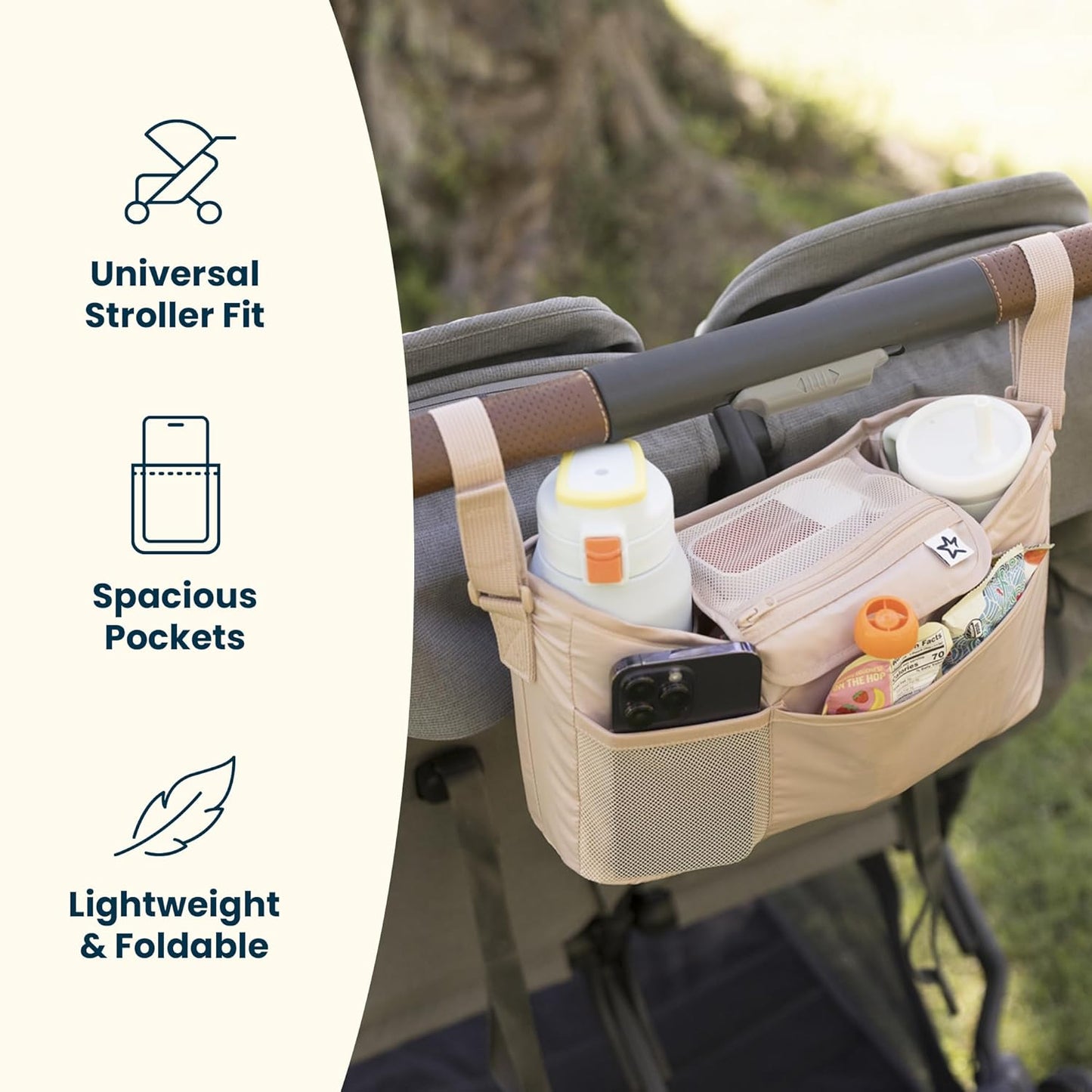 Tiny Twinkle Universal Stroller Organizer with Adjustable Strap - Waterproof Stroller Caddy Fits Baby Jogger, Nuna, Graco, Donna and Bugaboo Strollers（Black）