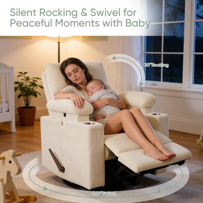Rocking Chair Nursery with Adjustable Armrest for Breastfeeding, Glider Recliner Nursery Chair with Massage and Heat, Power Swivel Rocker Recliner with Adjustable Headrest, Corduroy, Beige