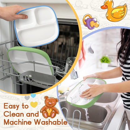 Domensi Kids Porcelain Plates with Silicone Sleeves 8.2 Inch Divided Porcelain Plate Toddler White Suction Dishes for Baby Troubleless Eating Microwave Dishwasher Safe(Stylish,3 Set)