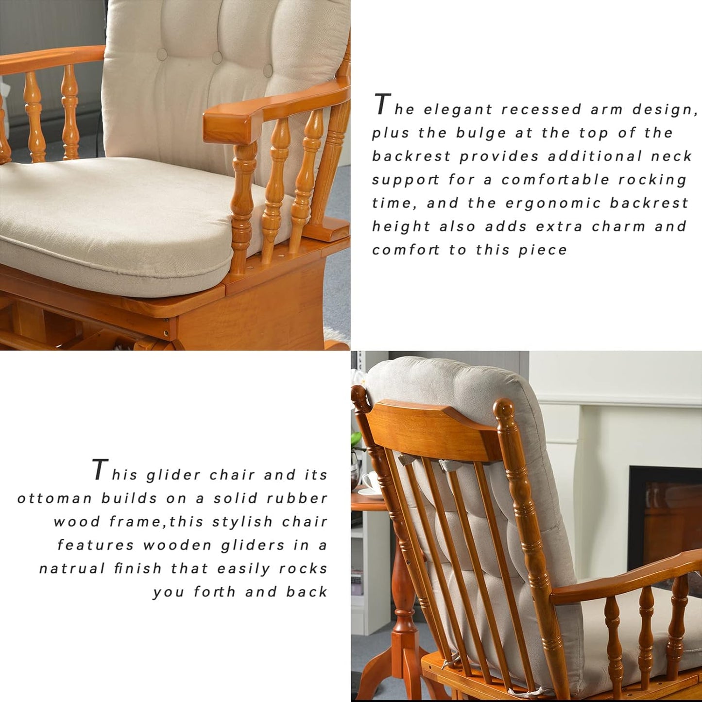 Rustic Glider Chair for Nursery with Ottoman, Resistant Rubber Wood Nursery Glider and Ottoman Sets for Relaxing, Rocking Chair for Living Room Bedroom