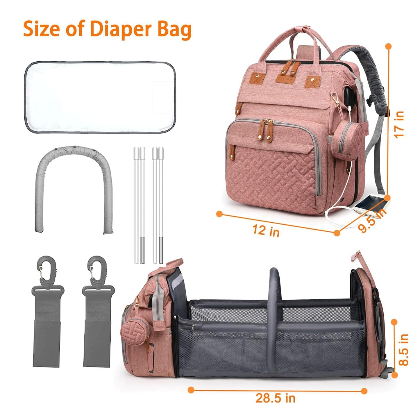 Astro alan Baby Diaper Bag with Changing Station, Waterproof Diaper Bag Backpack for Moms Dads with USB Charging Port, Baby Shower Gifts, Large Capacity diaper backpack, Grey