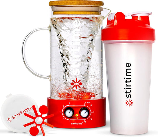 Portable Rechargeable Magnetic Mixer for Protein Powder, Baby Formula, Aerates Wine, Kid Safe, No Sharp Blades, No Air Bubbles or Clumps, 20oz Travel Bottle+16oz Glass Pitcher, USA by Stirtime