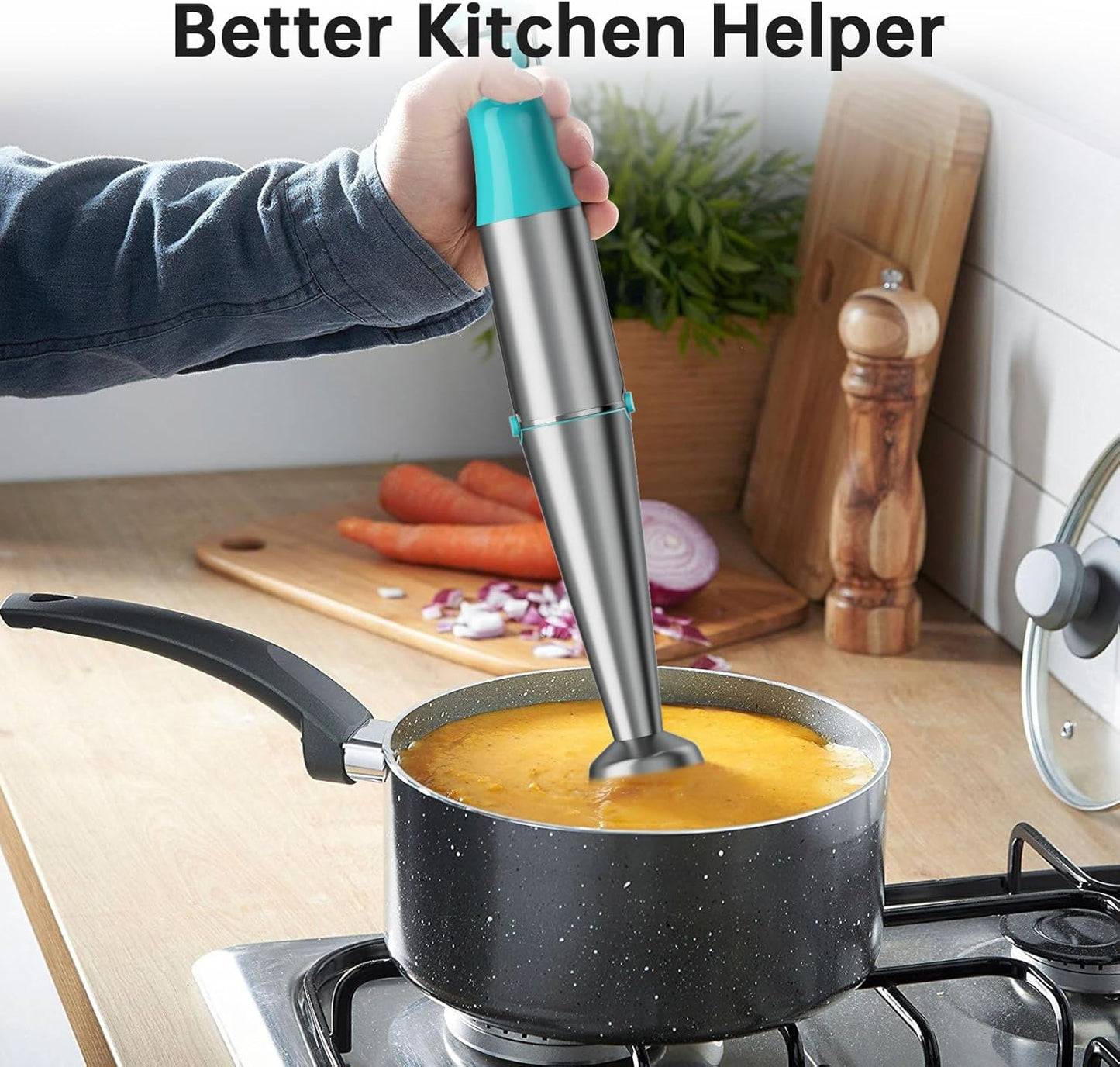 Turelar Immersion Blender Handheld Corded Hand Blenders Set 1100W, Trigger Variable Speed 5 in 1 Stick Emulsifier with Chopper, Whisk and Frother for Soup, Baby Food and Smoothies, Orange