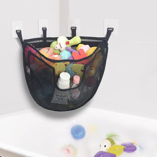 Bath Toy Storage, Corner Bath Tub Toy Storage Holder with Bottom Zipper, Quick Release Bath Toy Organizer with Large Pocket, Mesh Shower Toy Holder Basket Net Bin for Bathtub Toys - Black