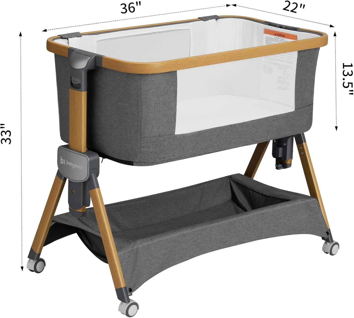 babyboat Baby Bassinet Bedside Sleeper 3 in 1 Collapsible Portable Crib with Storage Basket, Movable Wheels 5 Height Adjustable Co-Sleeper for Newborns - Grey | Soft Mattress, Collapsible Portable