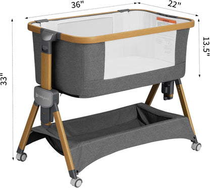 babyboat Baby Bassinet Bedside Sleeper 3 in 1 Collapsible Portable Crib with Storage Basket, Movable Wheels 5 Height Adjustable Co-Sleeper for Newborns - Grey | Soft Mattress, Collapsible Portable