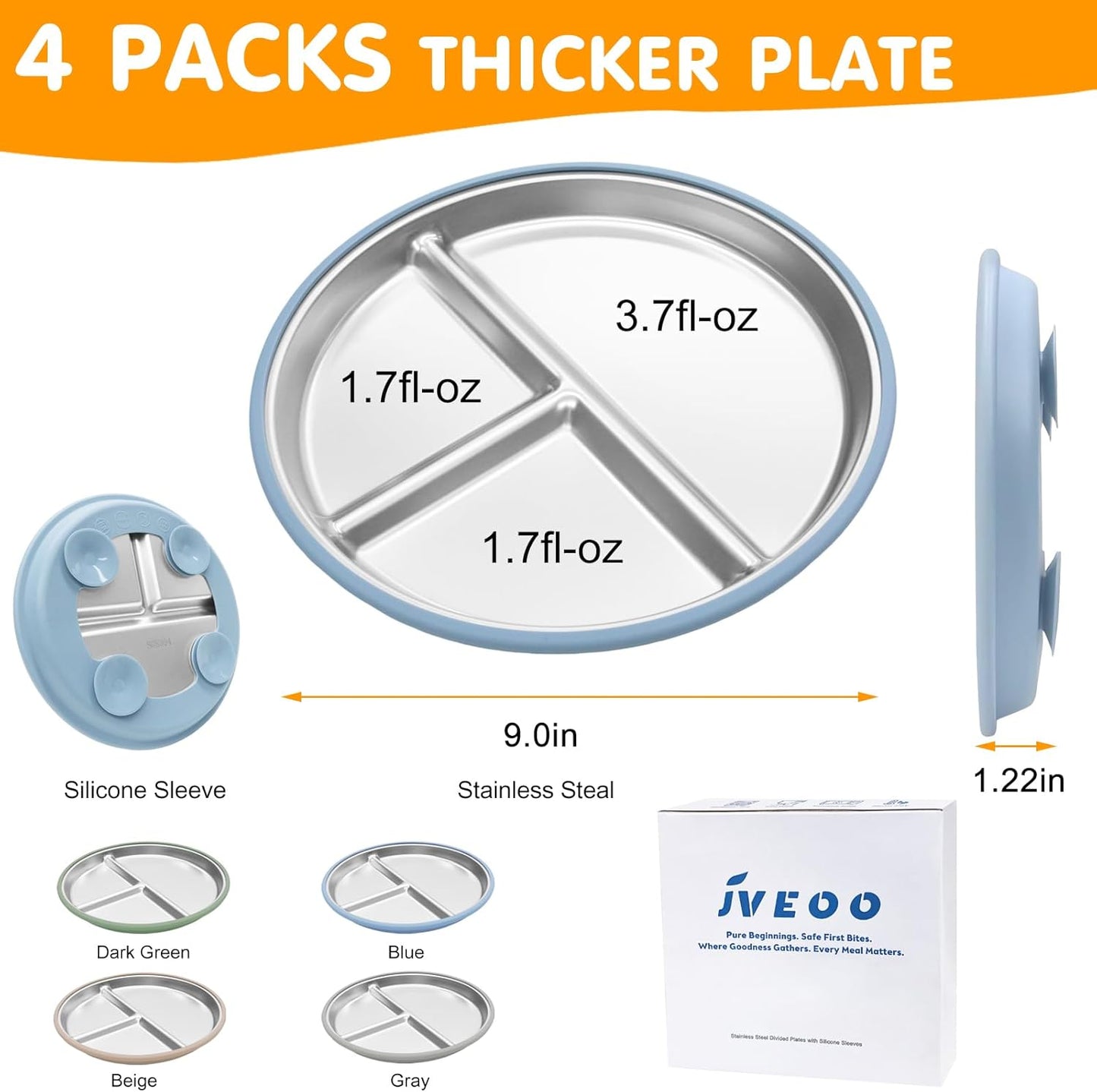 Stainless Steel Toddler Plates with Suction, 4 Pack Kids Baby Plates Set with Sturdy Silicone Suction Base Easy to Clean 9 inch
