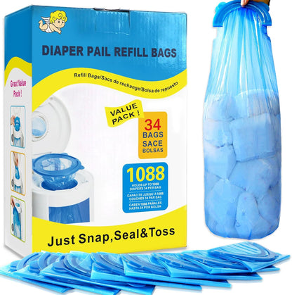 Diaper Pail Refill Bags,34 Bags Holds 1088 Counts Compatible with Arm&Hammer Diaper Pail Disposal System,Diapers Pails Snap,Seal and Toss Pail Refill Bags