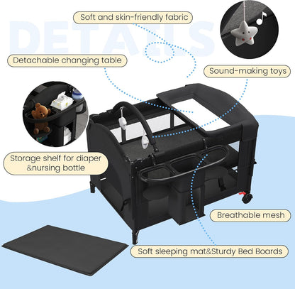 5-in-1 Baby Bassinet Bedside Sleeper with Swing Tube Converts to Cradle, Baby Crib with Mattress, Detachable Diaper Changer, Mosquito Net and Toy - Black