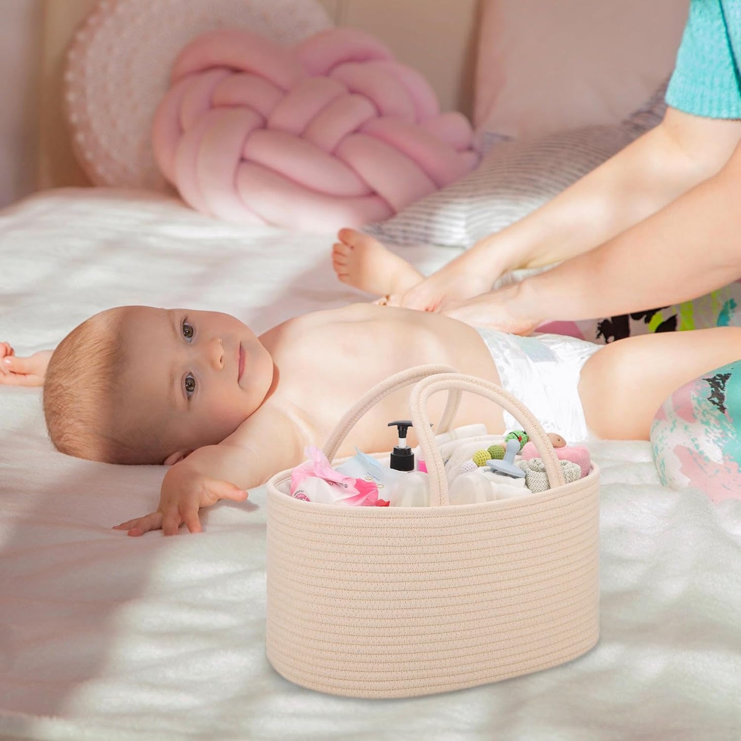 COMSE Baby Diaper Caddy Organizer, Car Caddy, Diaper Change Organizer, Gift Baskets Empty, Portable Tote Bag with Divider, Baby Shower Gifts Newborn Essentials Registry Must Have, Light pink