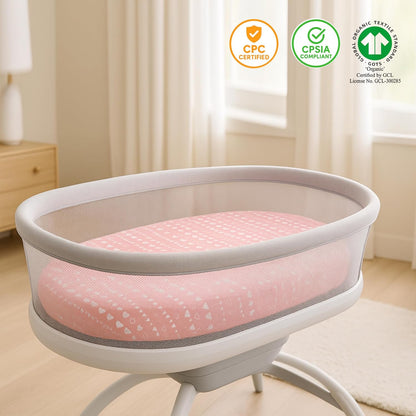 3-Pack Bedside Sleeper Bassinet Sheets | GOTS Certified Organic 100% Muslin Cotton | Ultra Soft & Breathable | 33×20×4” Fitted Sheets | Universal Fit 29–33” x 17–21” Pads