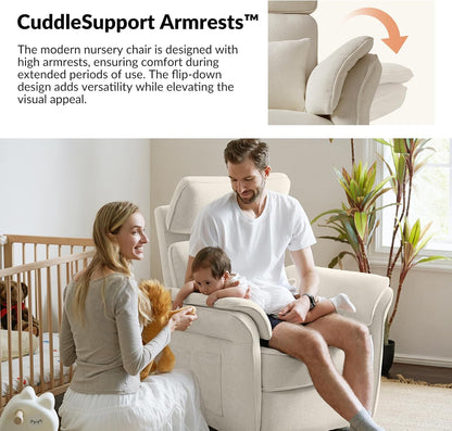 HULALA HOME Nursery Glider Recliner with Adjustable Headrest and Armrests, Power Swivel Rocker Recliner Chair with USB Port and Storage Bags, GREENGARD, FSC, CertiPUR-US® Certified, Beige