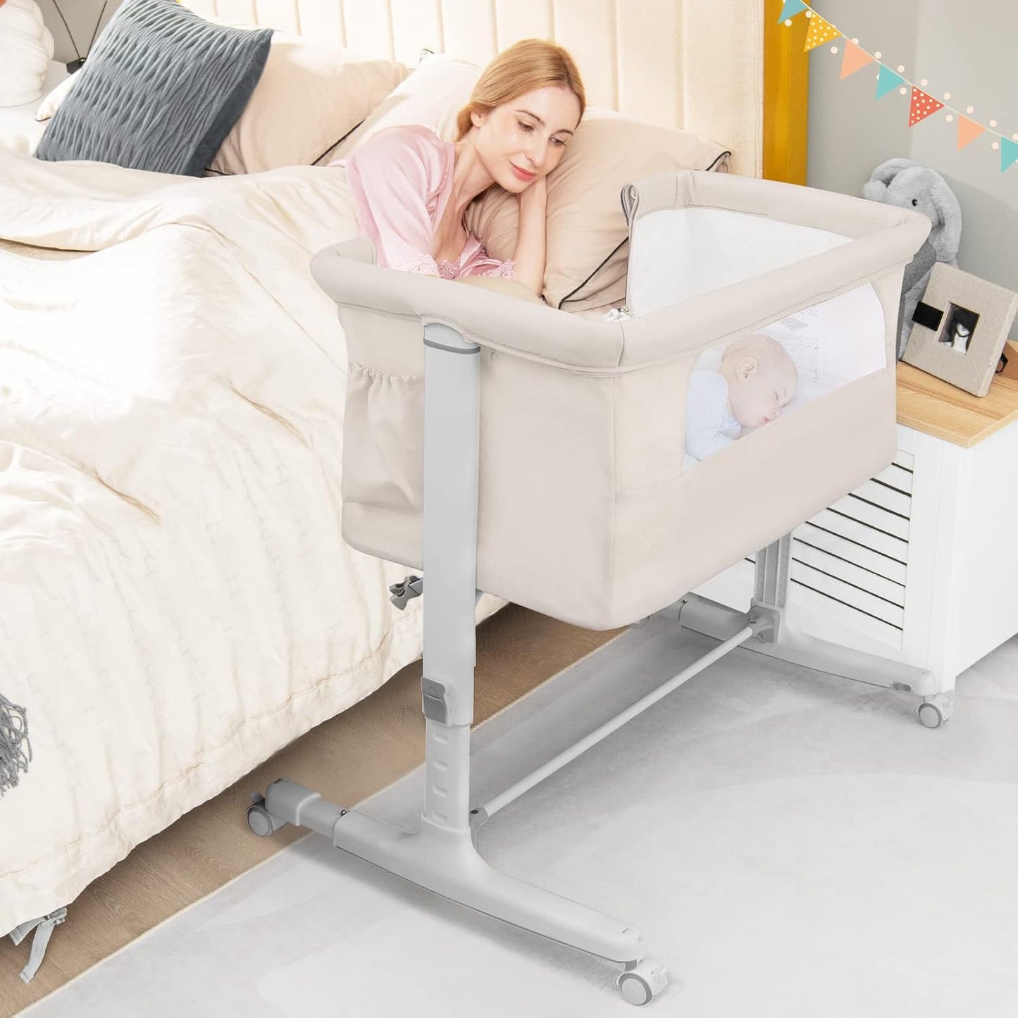 BABY JOY Bassinet Bedside Sleeper, 3 in 1 Folding Crib w/Adjustable Height, Mattress, Lockable Wheels, Storage Pocket & Carry Bag for Infant Newborn, Stationary & Rock, Portable Baby Bassinet (Grey)