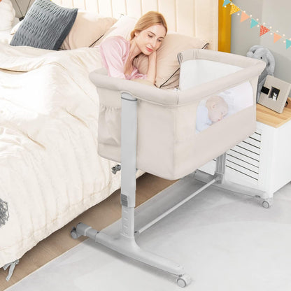 BABY JOY Bassinet Bedside Sleeper, 3 in 1 Folding Crib w/Adjustable Height, Mattress, Lockable Wheels, Storage Pocket & Carry Bag for Infant Newborn, Stationary & Rock, Portable Baby Bassinet (Grey)