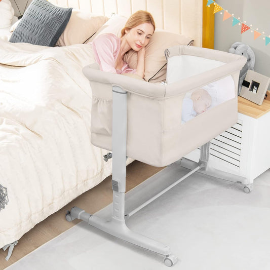 BABY JOY Bassinet Bedside Sleeper, 3 in 1 Folding Crib w/Adjustable Height, Mattress, Lockable Wheels, Storage Pocket & Carry Bag for Infant Newborn, Stationary & Rock, Portable Baby Bassinet (Grey)
