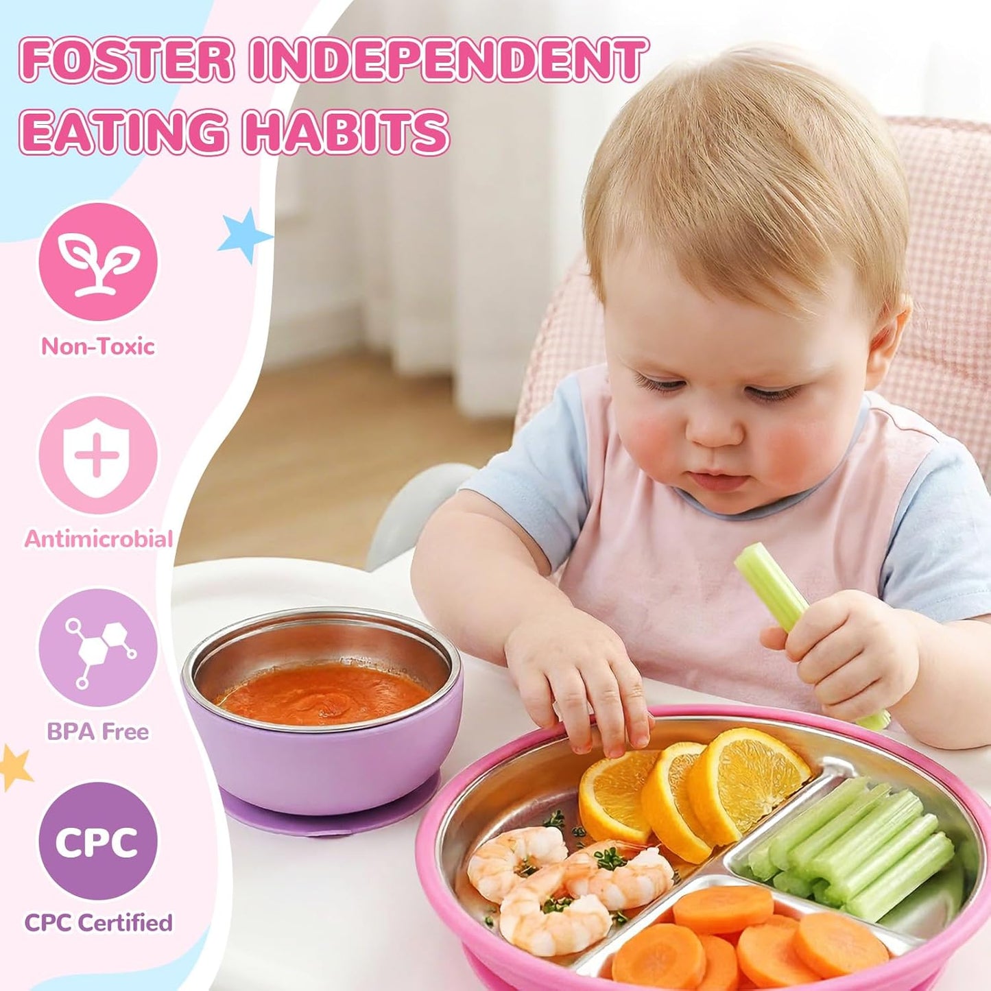 Havawish 8 Pcs Stainless Steel Baby Plate and Bowls with Suction, 8.3" Kid Divided Plate and 4" Toddler Bowl with Removable Silicone, BPA-free Non-slip Baby Feed Set Dishwasher Safe for Boy Girl(Pink)