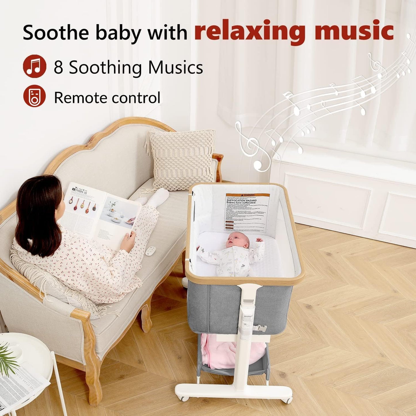 VaVaSoo Electric Rocking Bassinet for Baby Automatic Bedside Sleeper Rocks Itself 3 Speeds Auto Rolling Newborn Cradle 5 Height Adjustable with Music, Wheels, Storage, Dark Grey