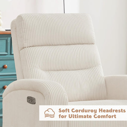 Power Swivel Rocker Recliner Chair for Nursery, Swivel Reclining Rocking Chairs, Electric Glider for Living Room, Upholstered Recliner Chairs for Bedroom, Corduroy White