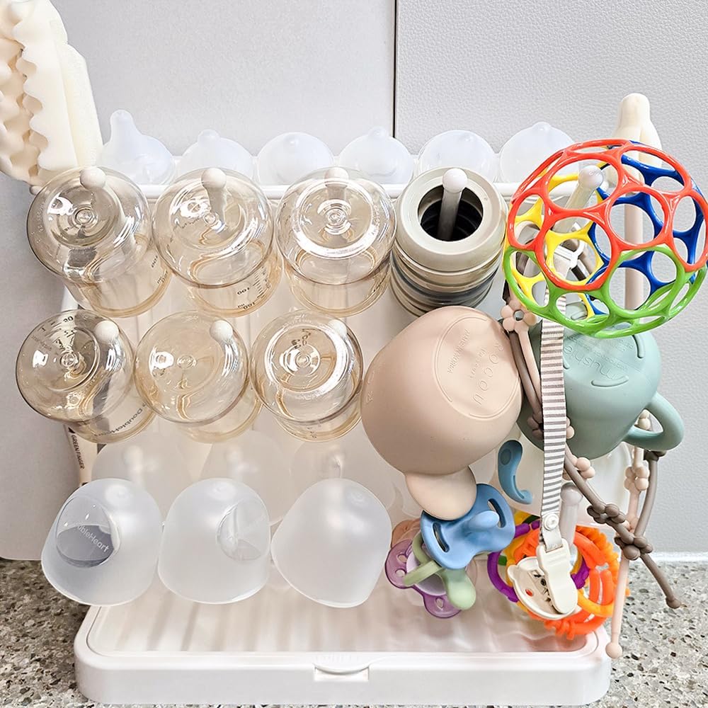 LUNELL Baby Bottle Drying Rack with 20 Hooks and Drip Tray, Large Space Saving Vertical Dryer Holder for Countertop, Storage Organizer for Pump Parts, Pacifiers, with Brush Holder, Ivory White