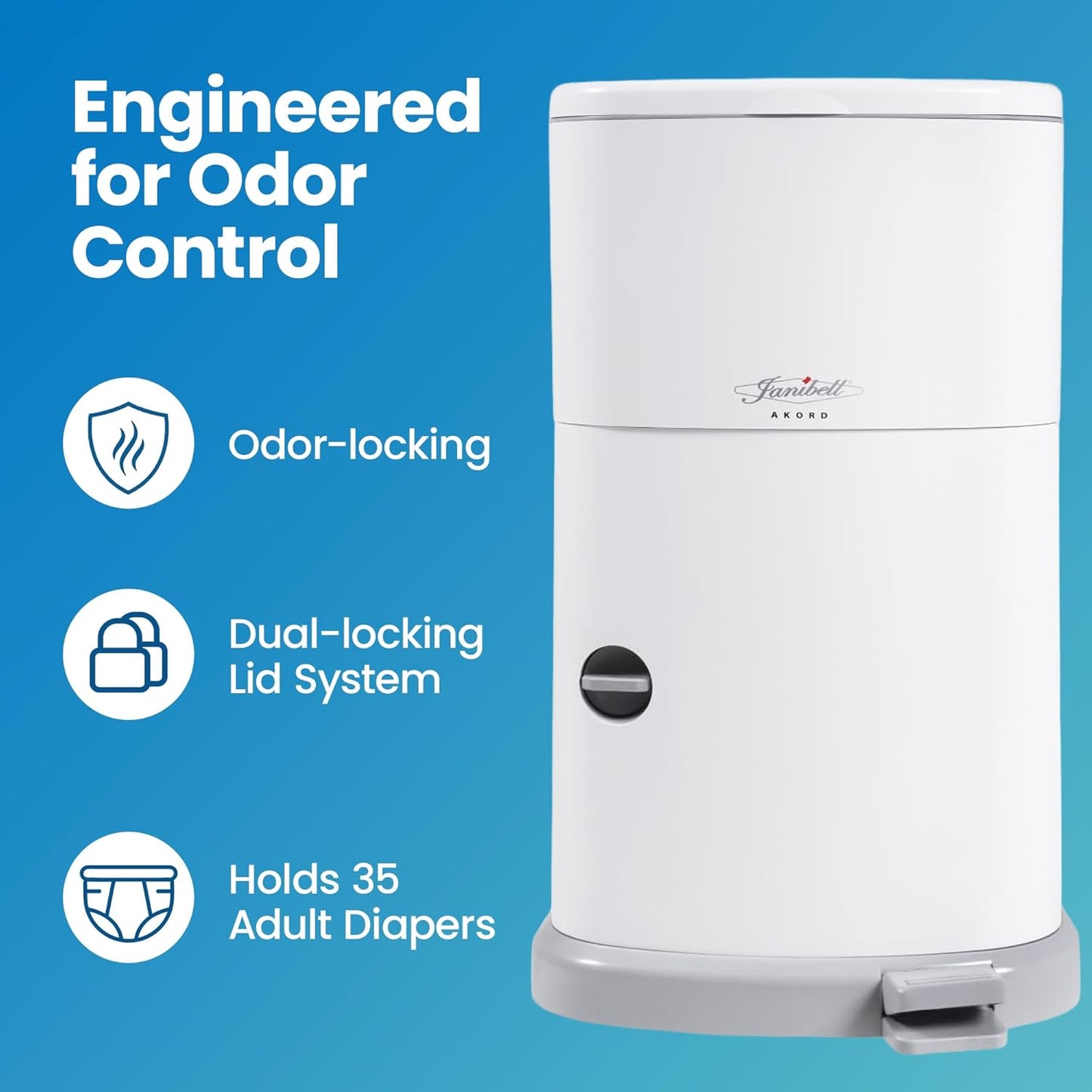 Janibell Akord Slim Adult Diaper Pail — 7-Gallon (11.8” x 10.2” x 20.5”), Hands-Free Foot Pedal, Double-Sealed Odor Reduction, Continuous Liner System