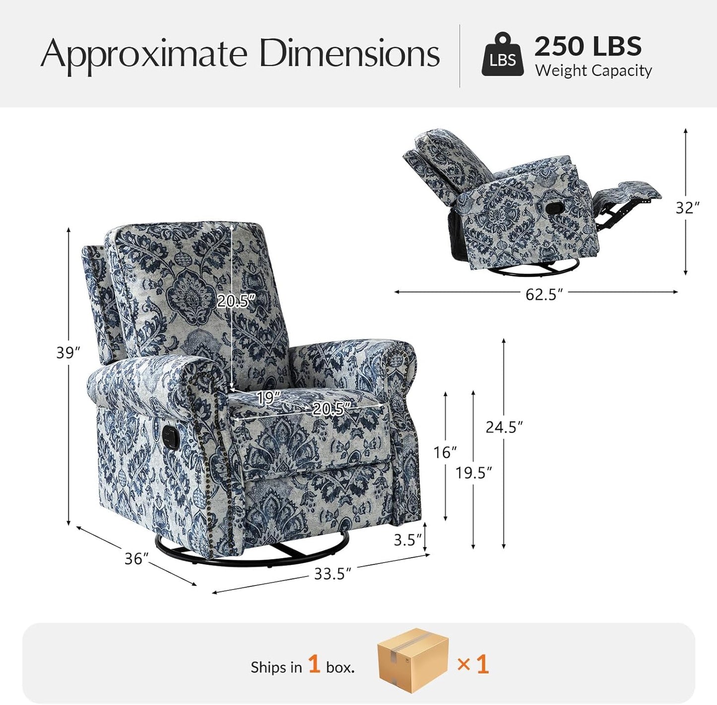 HULALA Home Modern Rocker Recliner, Printed Fabric Swivel Glider with Adjustable Backrest & Footrest, JEACOBEAN