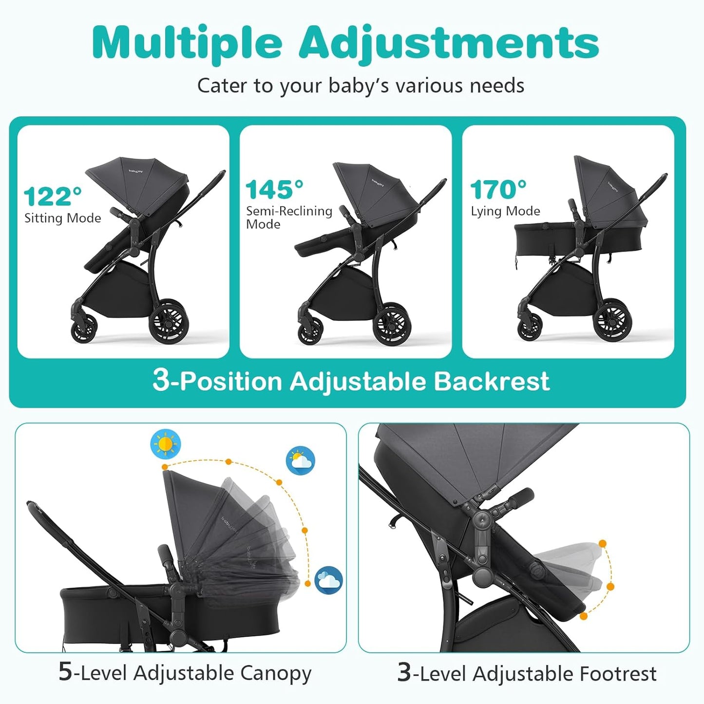 BABY JOY 2 in 1 Baby Stroller, High Landscape Convertible Bassinet Stroller with Reversible Seat, Adjustable Backrest & Canopy, Foldable Pushchair Pram Stroller for Newborn Toddler 0-36 Months (Black)