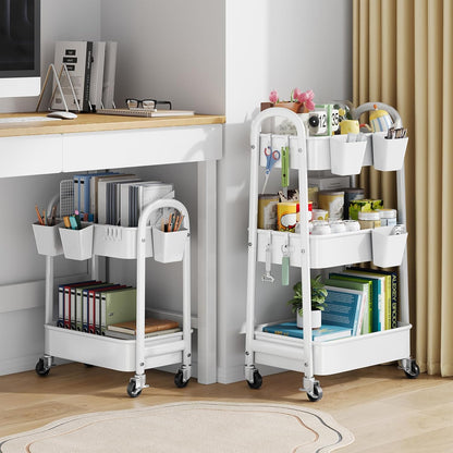 3 Tier Heavy Duty White Metal Rolling Cart with Lockable Wheels, Three Tier Roller Book Snack Cart, Utility Storage Organizer Carts for Kitchen, Bathroom, Garage, Baby Diaper, Craft, Art, Teacher