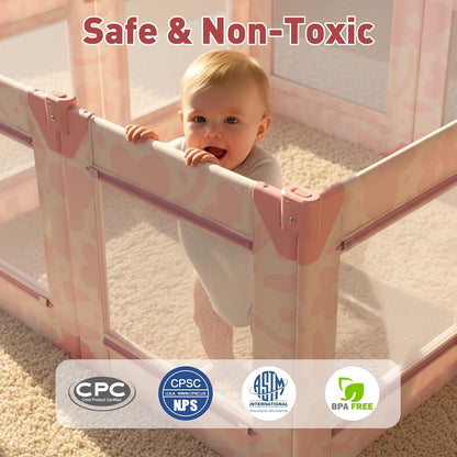 Baby Playpen for Babies and Toddlers, Upgraded 50x50 Inch Foldable No Assembly Required Play Yard with Breathable Mesh, Safe Playard with Gate, Indoor & Outdoor Infants Play Pen (1pc-Sand Checks)