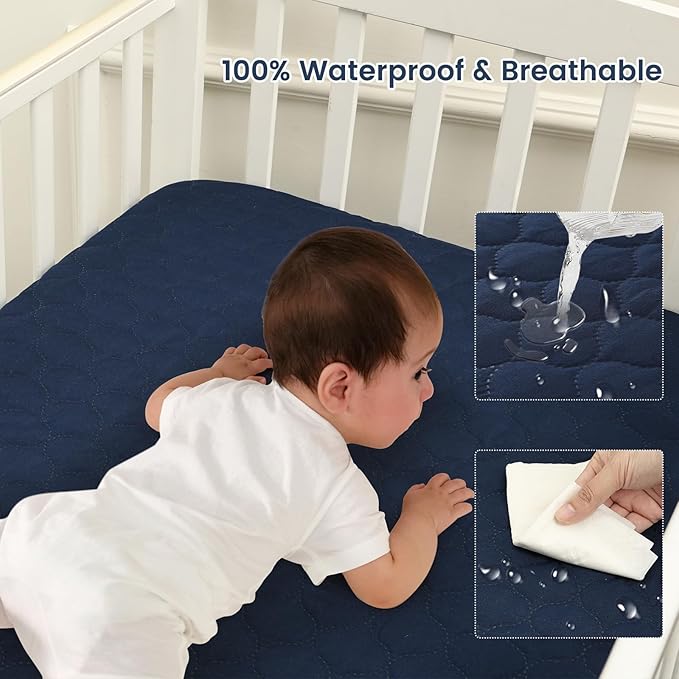 David’s Kids 2 Pack Mini Crib Waterproof Cover, 38" x 25" Fitted Breathable Protector Sheet with Elastic Skirt, Soft Pad Cover for Crib and Playard, Navy Blue & Sage Green