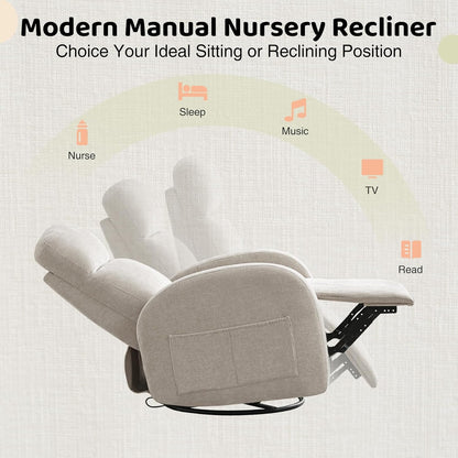 Nursery Glider Recliner, Power Swivel Rocking Recliner with USB & Type-C Port, Swivel Nursering Reclining Rocker with Double Pockets for Living Room, Camel Chenille