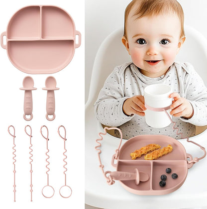 Baby Feeding Set with Silicone Divided Plate, Toy Straps, Spoon Tether, Cup Holder Strap, Anti Drop Toddler Mealtime Set for Baby Led Weaning-Blush