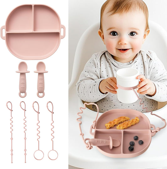 Baby Feeding Set with Silicone Divided Plate, Toy Straps, Spoon Tether, Cup Holder Strap, Anti Drop Toddler Mealtime Set for Baby Led Weaning-Blush