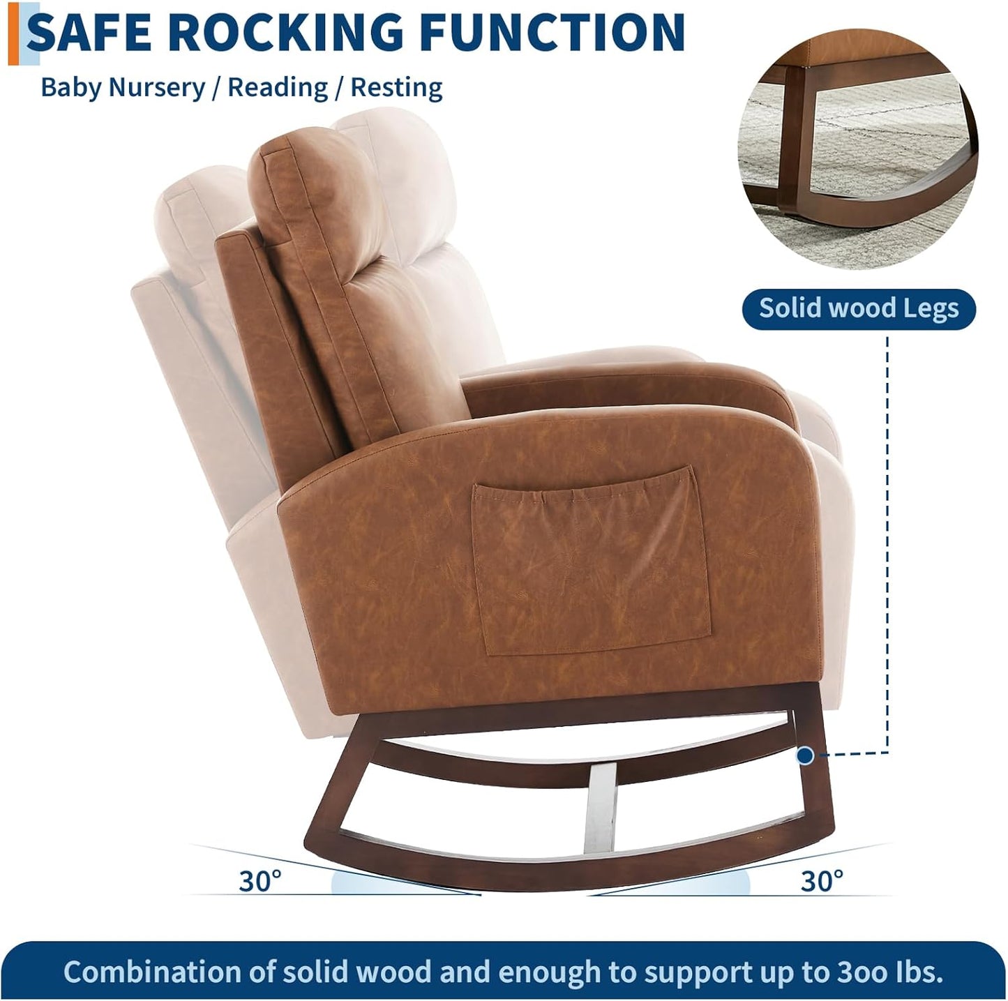 GarveeHome Rocking Chair Nursery,Glider Chair Nursery Chair with High Back and Side Pocket, Rocking Accent Armchair with Rubber Wood Legs for Living Room/Bedroom/Nursery